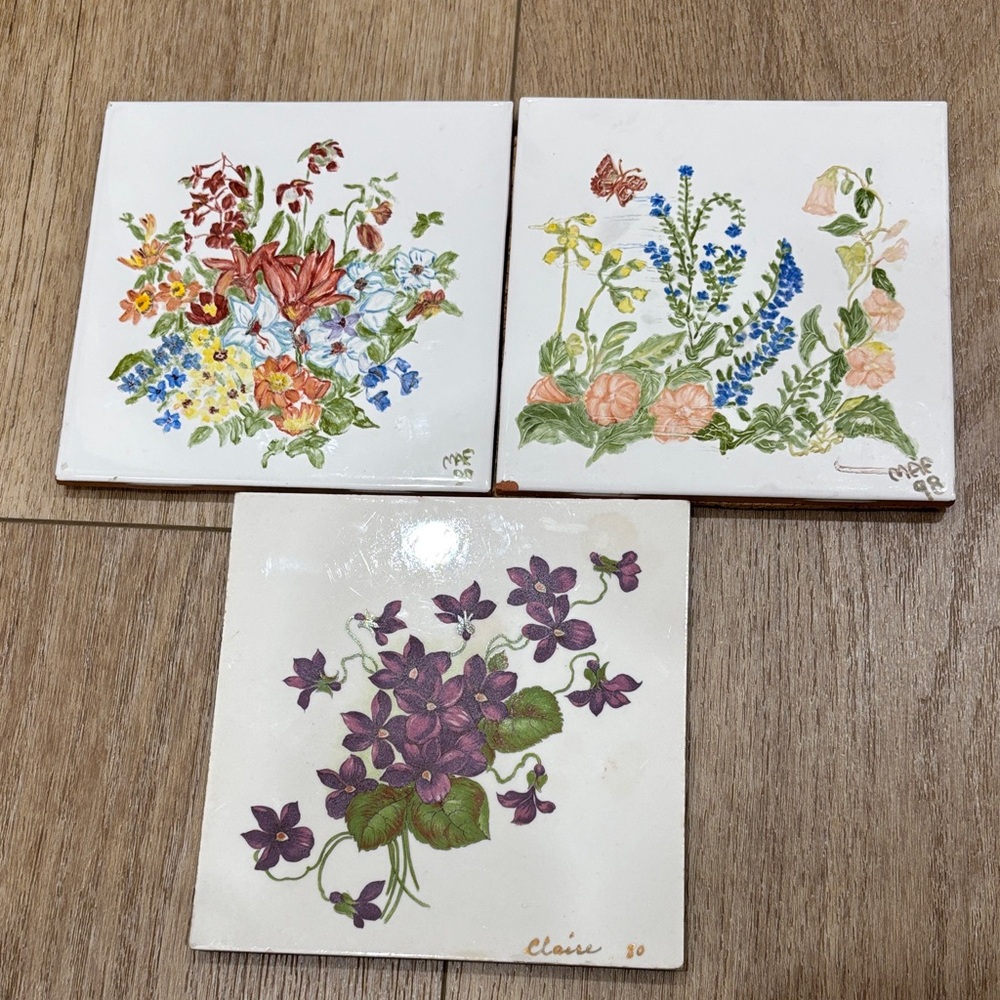 Set of 3 Floral Ceramic Tiles - Hand-Painted Bouquet Designs